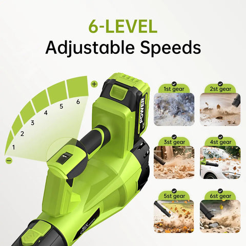 Cordless Leaf Blower 21V Power With Two 4.0Ah Batteries And Fast Charger, Six Speed Settings display with six gear options.
