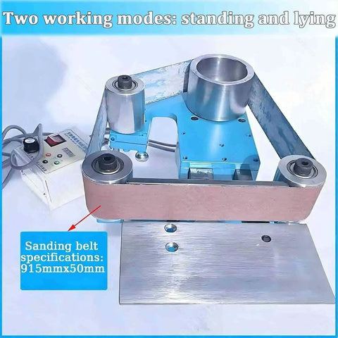 Heavy Duty 1100W Brushless Belt Sander Grinder With Adjustable Speed Up To 6500 Rpm Vertical Horizontal showing dual use modes and sanding belt specifications.