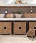 Three wicker baskets with 12 Pack 1 Inch Swivel Caster Wheels For Furniture And Appliances Quiet No Noise 360 Degree Rolling Small PP Caster With Screws Included Black Finish Total 33 Lb Weight Capacity installed underneath.
