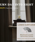 Linen Blackout Curtains 132 Inch Long For Ceiling Track System With Back Tab And Rod Pocket Burlap Color, 2 Panels, shown in a room setting with blackout level indicator.