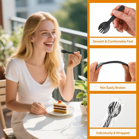Woman using Mini Black Sporks 4.2 Inch 100 Pack Individually Wrapped Disposable Cutlery Set for desserts at an outdoor table.