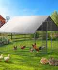 Walk In Chicken Coop With Run And Galvanized Enclosure, Waterproof UV Cover, And Secure Lock For Rabbits Or Ducks in backyard