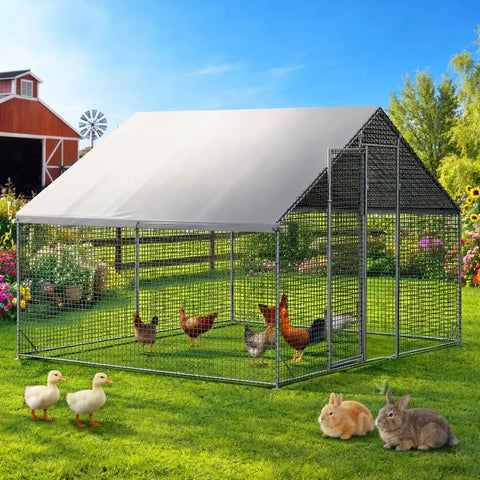 Walk In Chicken Coop With Run And Galvanized Enclosure, Waterproof UV Cover, And Secure Lock For Rabbits Or Ducks in backyard