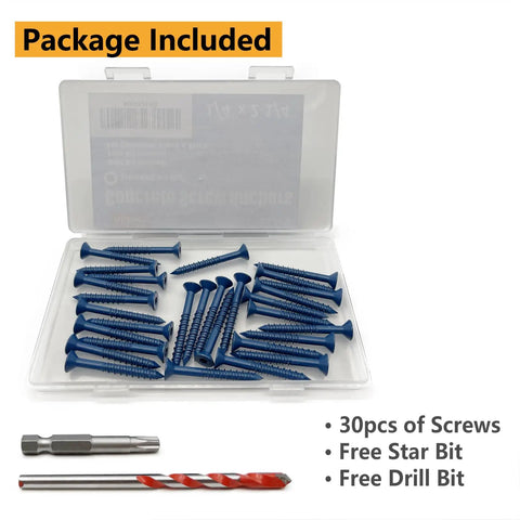 Open box of Torx Drive Concrete Screws Quarter Inch By Two And A Quarter Inch Masonry Fasteners with drill and star bit.
