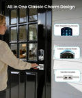 Smart Deadbolt Lock With Dual Lever Handles And Smartphone App Keyless Entry Door Lock Featuring Adjustable Auto Lock LED status indicators in a classy entry.