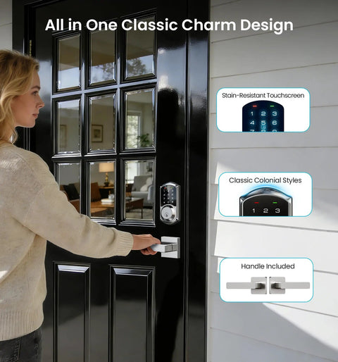 Smart Deadbolt Lock With Dual Lever Handles And Smartphone App Keyless Entry Door Lock Featuring Adjustable Auto Lock LED status indicators in a classy entry.