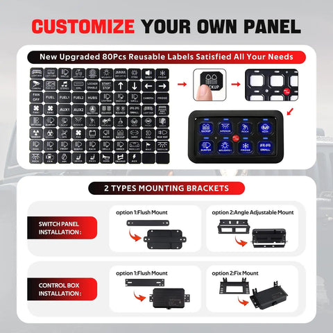 8 Gang RGB Toggle Switch Panel With Momentary Pulsed Memory, 80pcs labels, mounting options, control box installation