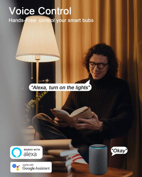 Person using Smart A15 LED Bulbs 6W 40W Equivalent RGB Color Changing Dimmable with E26 Base, controlled by voice via Alexa