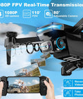 1080P HD Foldable Drone With Dope Gesture Control And 3D Flip for Easy Aerial Shots showing adjustable camera and controller display