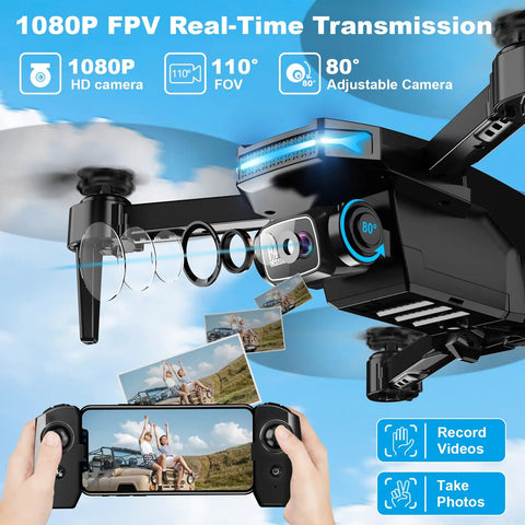 1080P HD Foldable Drone With Dope Gesture Control And 3D Flip for Easy Aerial Shots showing adjustable camera and controller display