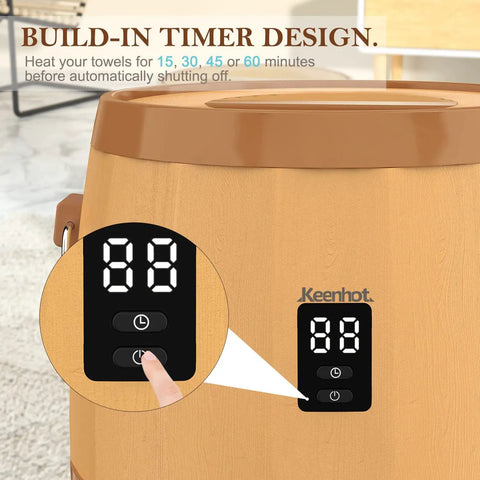 Close-up of LED display on Large Towel Warmer Bucket With LED Display For Spa Worthy Comfort, showing timer settings.