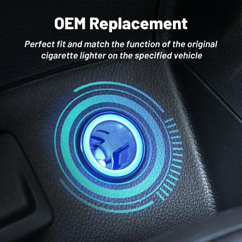 Close-up of GM Cigarette Lighter Socket Replacement For 1997 To 2022 Cars And Trucks, glowing blue, installed in vehicle dash.