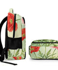 Side view of Red Pink Poppy Watercolor Printed Backpack For Unisex Everyday Carry Ready Large Capacity Carryall Bag Durable Polyester Breathable