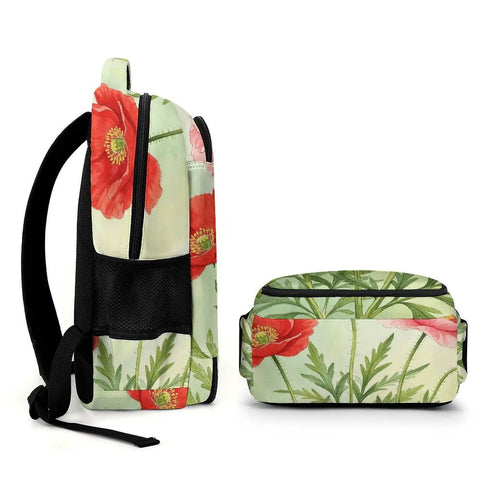Side view of Red Pink Poppy Watercolor Printed Backpack For Unisex Everyday Carry Ready Large Capacity Carryall Bag Durable Polyester Breathable