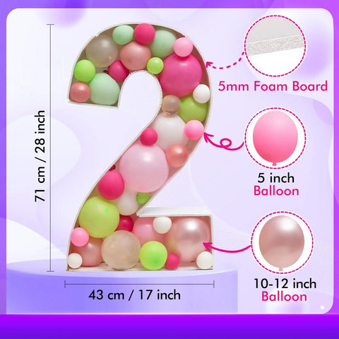Mosaic Balloon Frame Number 2 Pre Cut Large Foam Board Sign with colorful balloons for birthday backdrop, 28-inch, 5mm thick.