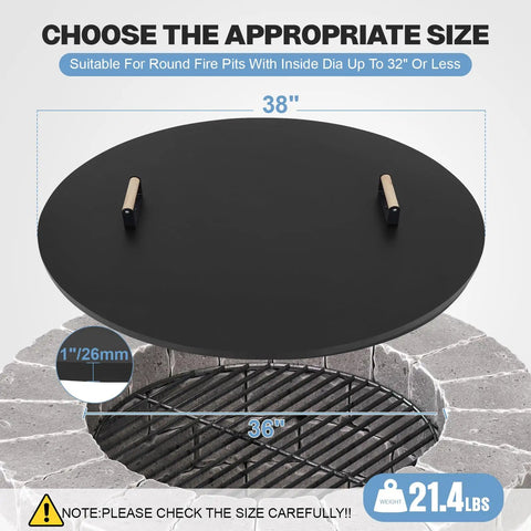 Round 38 Inch Fire Pit Lid Cover With Rust Resistant Powder Coated Steel, Two Wooden Handles, Weatherproof All Seasons