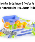 Garden Wagon And Tools Toy Set For Kids 15 Pcs Outdoor Sand Beach Play Set Toddlers 1 3 displayed with colorful tools and pots