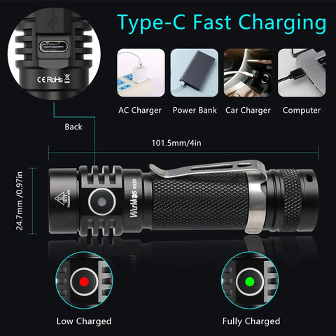 Pocket Sized Rechargeable LED Flashlight 1800 Lumen Max Brightness With USB Type-C charging port and battery indicators