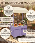 Outdoor Mobile Food Cart With Awning Portable Rolling Vending Station For Side Hustlers Pop Up Fairs Featuring Trendy Pink Macaron Design And Cream Pointed Canopy Storage Bin For Drinks And Treats.