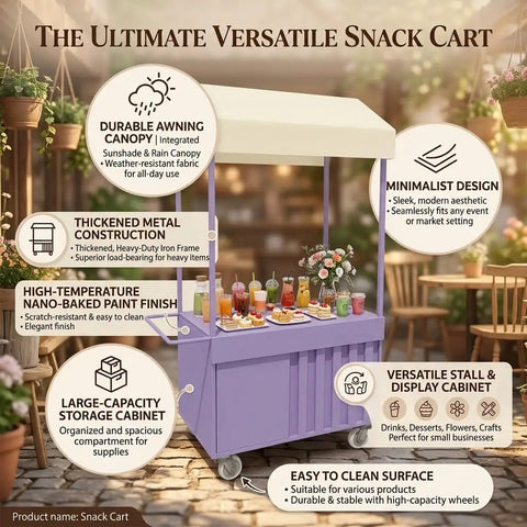 Outdoor Mobile Food Cart With Awning Portable Rolling Vending Station For Side Hustlers Pop Up Fairs Featuring Trendy Pink Macaron Design And Cream Pointed Canopy Storage Bin For Drinks And Treats.