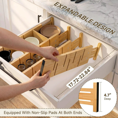 Hella Sturdy Bamboo Drawer Dividers Expandable Closet Organizers For Clothes in a drawer with non-slip pads, adjustable from 17.72 to 22.84 inches.