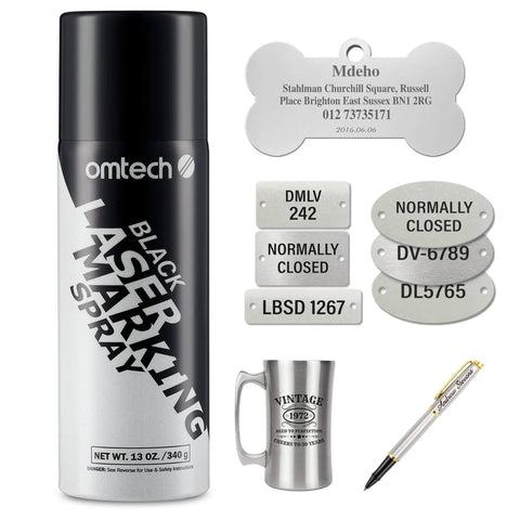 OMTech Laser Marking Spray aerosol can, 13 oz, black label; kit with metal tags, mug, and pen.
