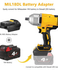 Milwaukee M18 18V To Dewalt 20V Max Battery Converter Adapter For Cordless Tools Bare Adapter Only Turn Your Old Milwaukee Batteries Into Dewalt Power And Save On New 20V Cells showing adapter, battery, and tool compatibility.