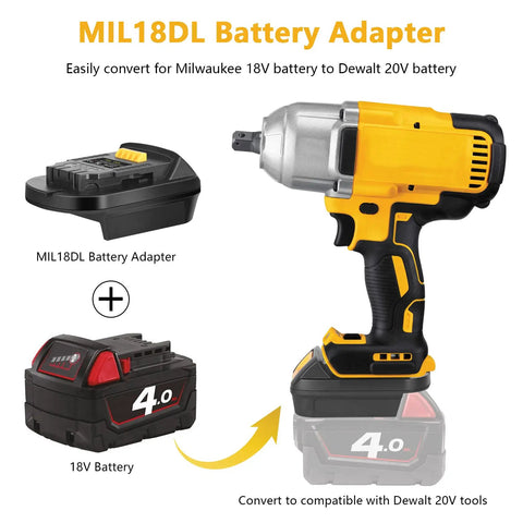 Milwaukee M18 18V To Dewalt 20V Max Battery Converter Adapter For Cordless Tools Bare Adapter Only Turn Your Old Milwaukee Batteries Into Dewalt Power And Save On New 20V Cells showing adapter, battery, and tool compatibility.