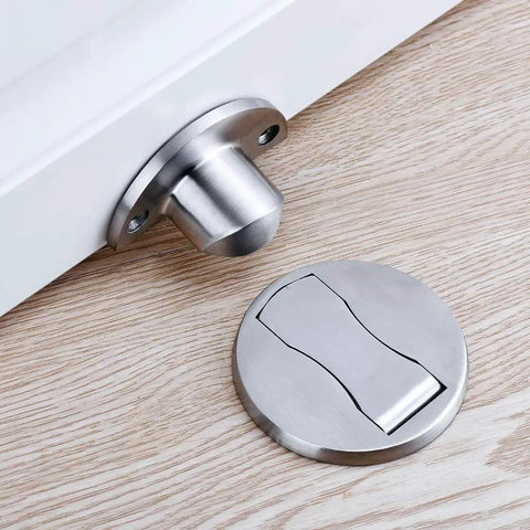 Magnetic Door Stop Set 304 Stainless Steel Brushed Silver No Drill Adhesive Mount With 3M Tape Wall Protector installed view