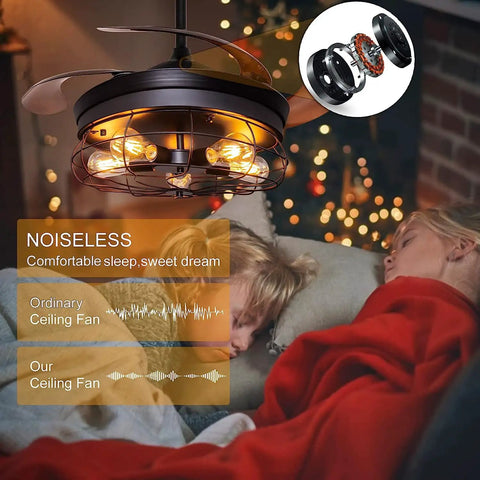 Retractable Blades Ceiling Fan With Lights And Remote Dope Rustic Industrial Style For Farmhouse Patio Kitchen Bedroom Living Room 36 Inch Black 6 Speed Settings Remote Control Timer 1 2 4 Hours, noiseless operation demonstration with sleeping kids