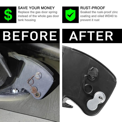 Before and after images of Toyota Tundra Fuel Tank Repair Kit With Gas Door Spring And Aluminum Hinge Pin, showcasing rustproofing.