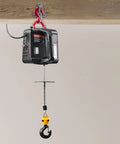 VEVOR 2-in-1 electric hoist winch, black unit with red lifting hook and steel cable