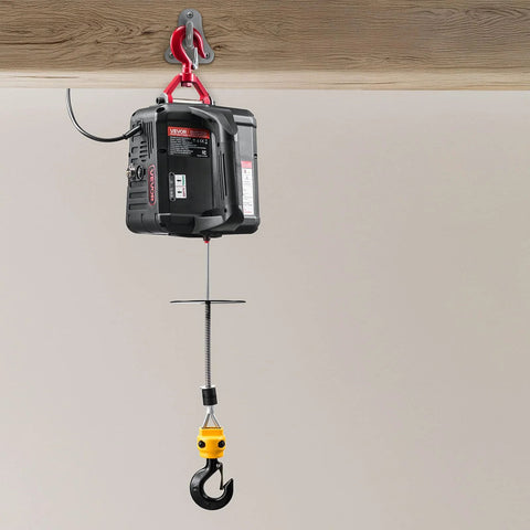 VEVOR 2-in-1 electric hoist winch, black unit with red lifting hook and steel cable