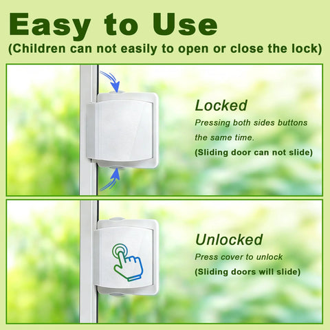 Image showing usage instructions for 2 Pack Sliding Door Lock for Glass Doors and Windows, Child Safety Lock for Patio Doors and Closets, No Drilling Required, Easy to Install.