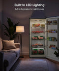 14 Cubic Feet Upright Freezer Convertible Freezer Fridge Featuring Smart Digital Interface And True Frost Free Design Ultra Silent Workhorse Heavy Duty Bulk Hauler For Home Or Garage with built-in LED lighting.