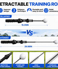 Golf Swing Trainer And Grip Trainer With Retractable Design And Click Feedback For Tempo Rhythm And Consistency Muscle Memory Builder Grip Correction Indoor Outdoor Practice Aid Easy Setup For Home Or Range Black, showing collapsed and extended views with features