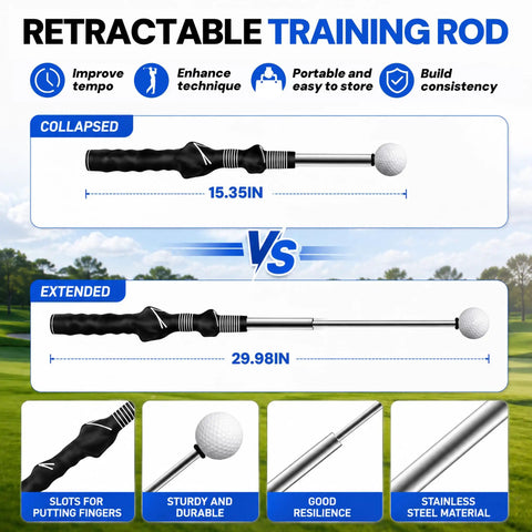 Golf Swing Trainer And Grip Trainer With Retractable Design And Click Feedback For Tempo Rhythm And Consistency Muscle Memory Builder Grip Correction Indoor Outdoor Practice Aid Easy Setup For Home Or Range Black, showing collapsed and extended views with features