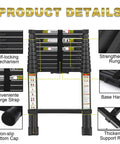 Detailed view of Telescopic Ladder For Home And Outdoor Use 10.5 Feet Aluminum Extension Ladder with non-slip feet and storage features.