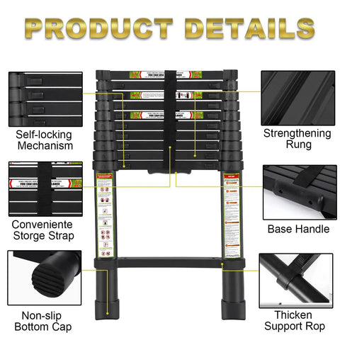 Detailed view of Telescopic Ladder For Home And Outdoor Use 10.5 Feet Aluminum Extension Ladder with non-slip feet and storage features.