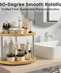 Bathroom scene with Two Tier Lazy Susan Organizer Revolving Turntable For Cabinets And Countertops 10 Inch Wood Spice Rack