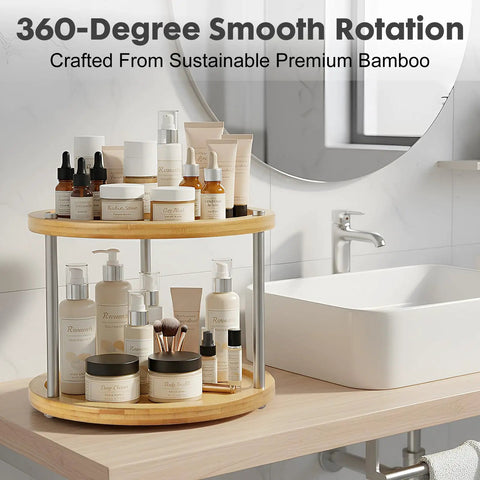 Bathroom scene with Two Tier Lazy Susan Organizer Revolving Turntable For Cabinets And Countertops 10 Inch Wood Spice Rack