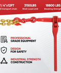 Two Pack Ratchet Chain Load Binder Set With Quarter Inch To Five Sixteenths Inch 12 Foot G80 Heavy Duty Chain, red ratchet detail
