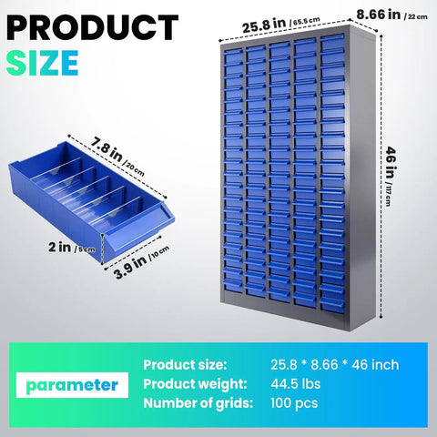 Nut And Bolt Organizer Cabinet For Hardware Storage With 100 Drawers And Dividers, Heavy Duty Steel Parts Organizer Measures 26 Inches By 9 Inches By 46 Inches, Labels Included For Your Shop, Garage, Or Office