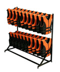 Heavy Duty Two Tier Pool Drying Rack With Swivel Casters For Easy Mobility holding multiple life vests in sturdy iron construction.