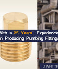 1/4 Inch Male NPT Brass Pipe Plug With Square Head, Cap For Air Water Fuel Transfer, close-up view, shows threading details.