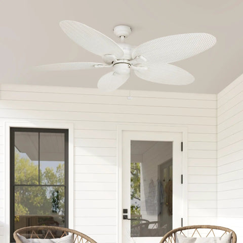 Duval 52 Inch Indoor Outdoor Ceiling Fan With Quick 2 Hang Mount Dual Mount 5 Blade Tropical Design ETL Damp Rated White