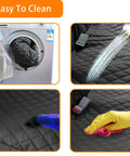 Collage showing easy cleaning of Waterproof Dog Car Seat Cover With Side Flap For Cars Trucks And SUVs Backseat Protector Nonslip Pet Seat Cover That Keeps Your Car Clean From Hair Dirt And Spills Easy To Install And Clean; washing machine, water rinse, vacuum, and wipe.