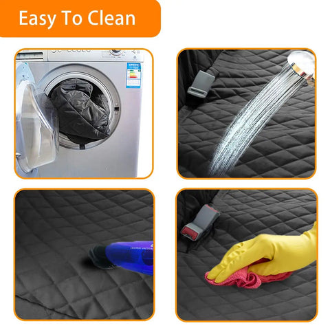 Collage showing easy cleaning of Waterproof Dog Car Seat Cover With Side Flap For Cars Trucks And SUVs Backseat Protector Nonslip Pet Seat Cover That Keeps Your Car Clean From Hair Dirt And Spills Easy To Install And Clean; washing machine, water rinse, vacuum, and wipe.