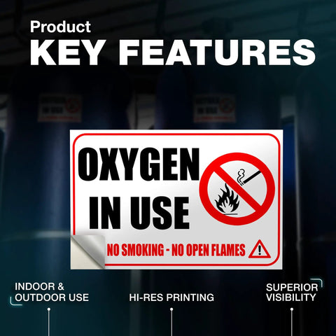 Heavy Duty Oxygen In Use Warning Signs, Straight Up No Smoking Open Flames Alert, Top Tier Waterproof Vinyl Stickers, Built Tough Medical Safety Decals For Home Care Clinics, 2 Pack - visible sign with oxygen warning and no smoking symbol.