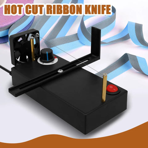 Hot Ribbon Cutter Machine With Adjustable 100 To 600 Celsius Temperature Electric Rope Cutter DIY Friendly Portable Heat Cutter For Braided Ribbon And Webbing Includes Screwdriver Built In Fan, showing front view with ribbons